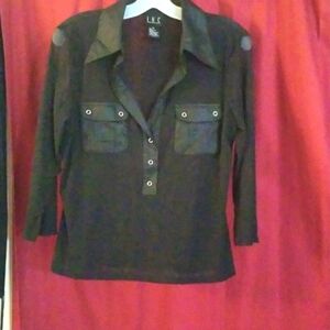 INC Black Sheer Stretch Blouse/Top with  2 pockets/snap closures. 90s Vi…